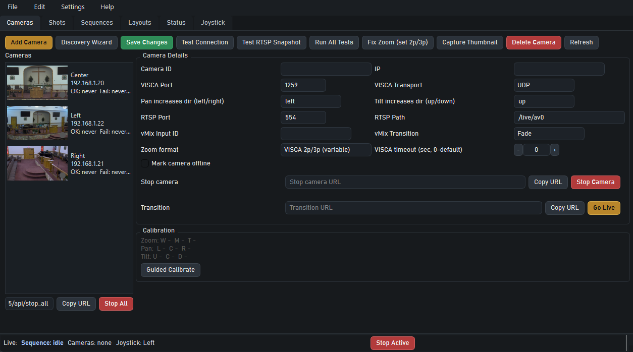 Cameras tab showing discovered PTZ cameras and connection settings.