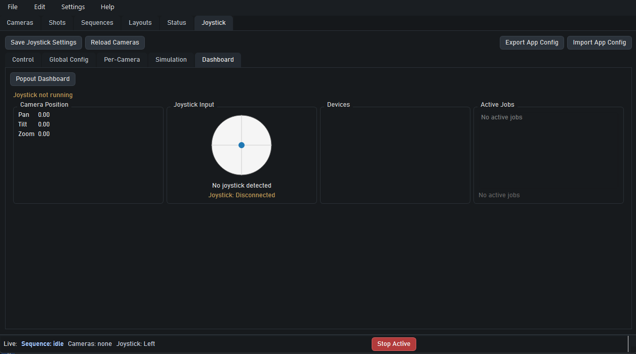 Joystick dashboard showing joystick state, active jobs, and monitoring widgets.