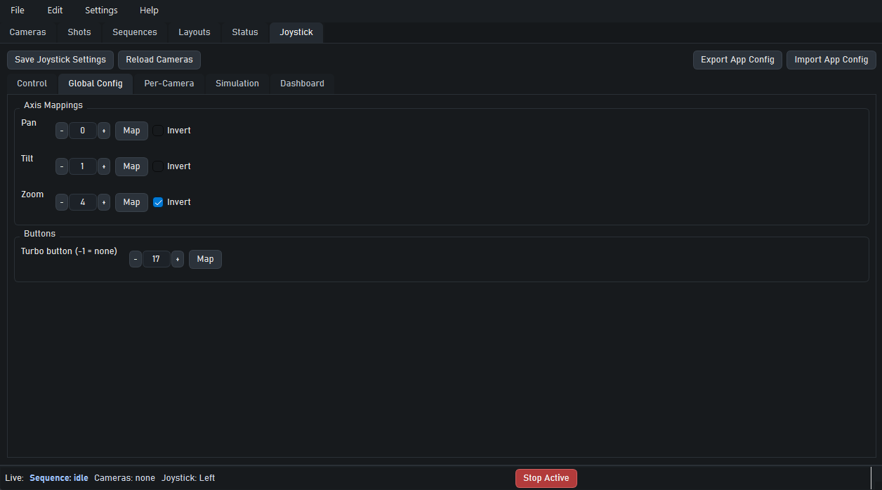 Joystick global config tab showing axis mapping and button mapping.