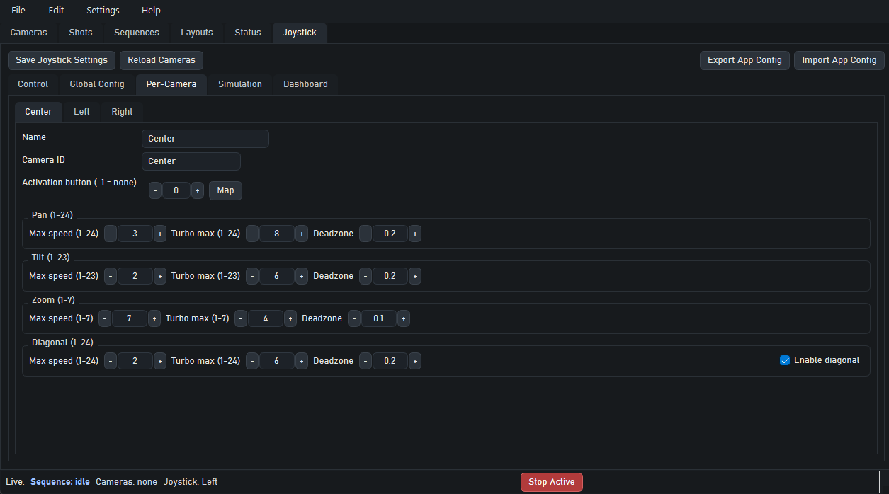 Joystick per-camera tab showing max speed and deadzone controls.