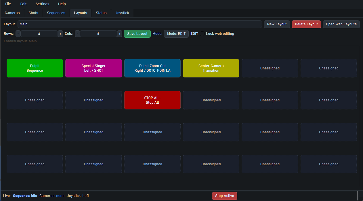 Layouts tab showing a button-based control surface for production triggers.