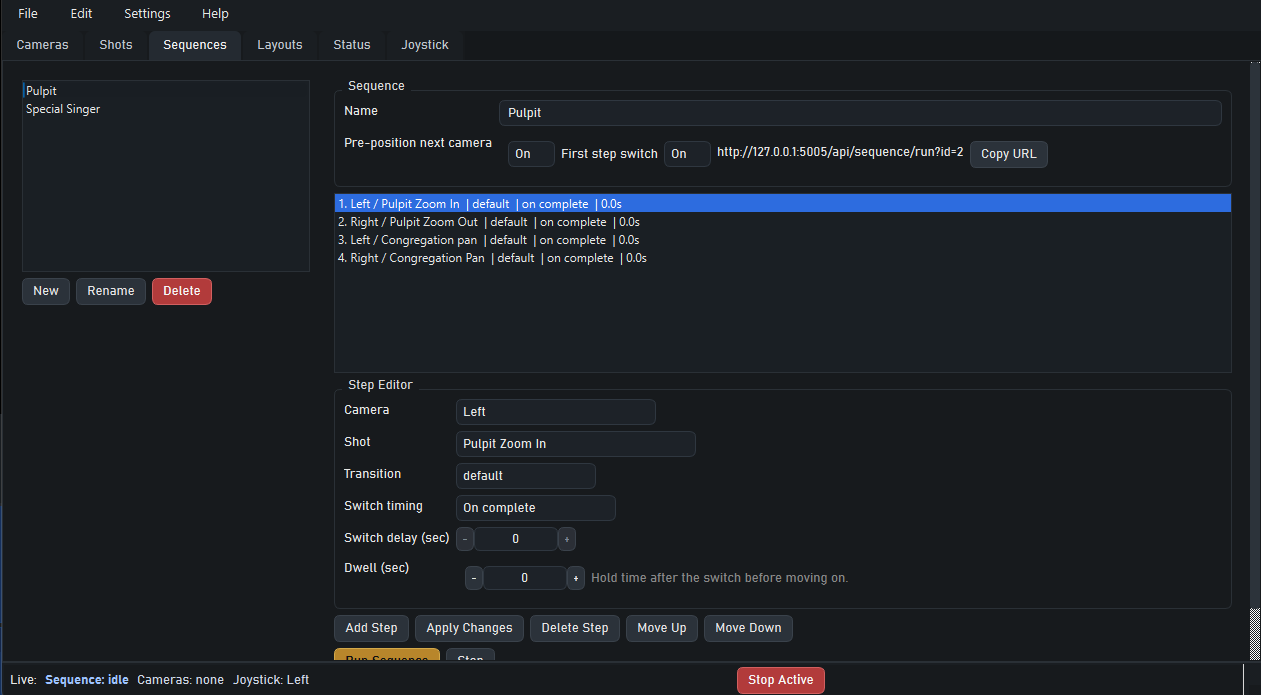 Sequences tab showing a programmed multi-camera sequence.